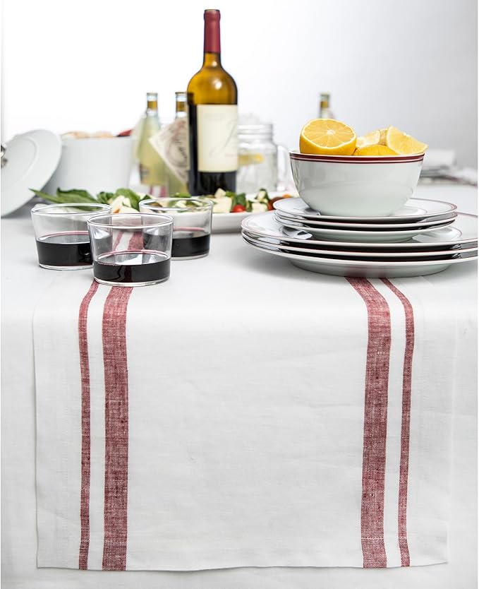 Solino Home 100% Linen Table Runner, 14 x 90 in, Burgundy and White Striped | by SolinoHome