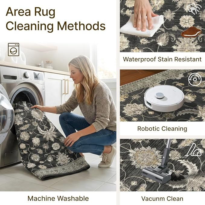 4x6 Area Rug for Living Room-Vintage Farmhouse Boho Floral Washable Stain - Image 3