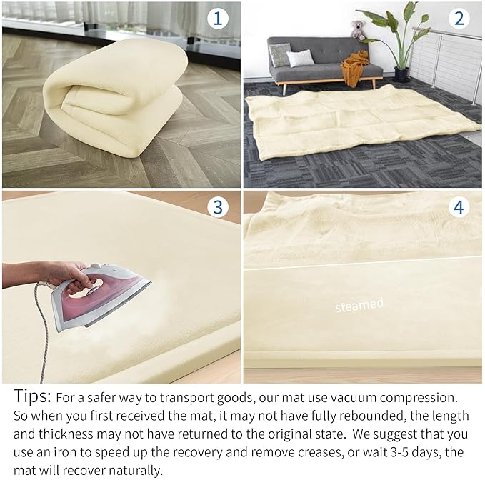 Play Mat for Babies Toddlers,1.3" Thick Elasti-Foam Anti-Fall Cushion Mat for Kids Room,28×72 Bedroom Bedside Rugs,Water-Repellent Soft Coral Velvet,Non-Slip(Vanilla)