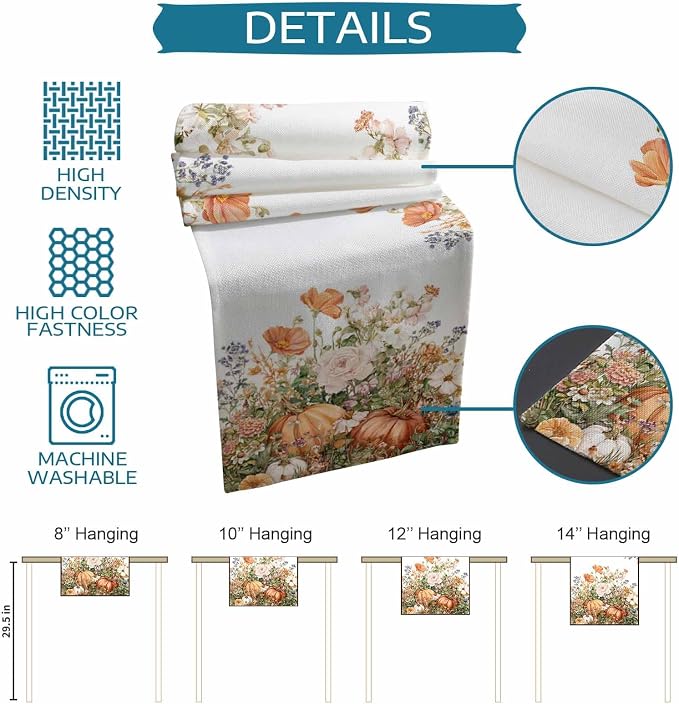 Fall Windflowers Pumpkin Short Table Runners 48 Inches, Cotton Linen Fabric - Image 6