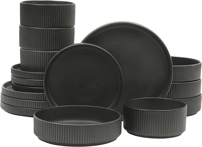 Gibson Elite Deerfield 16-Piece Stoneware Dinnerware Set – Matte Black Reactive by GibsonHomewares