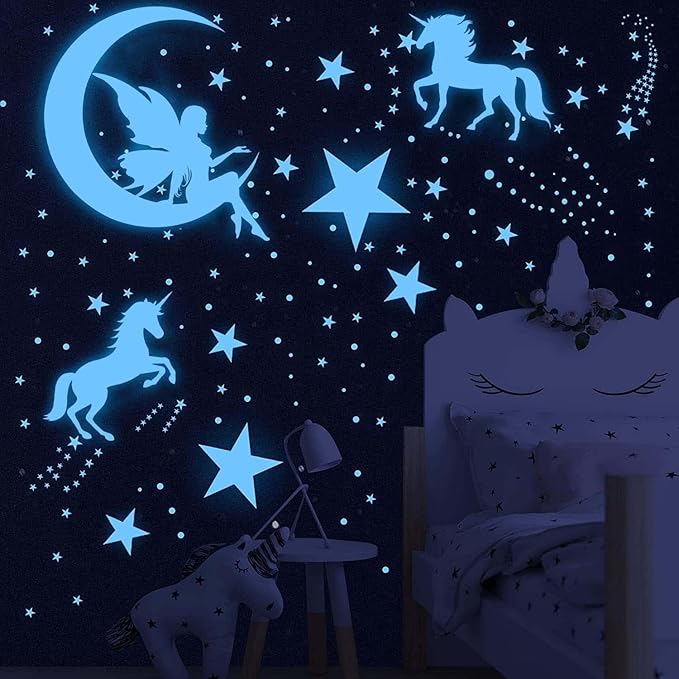 Glow in The Dark Stars for Ceiling,Unicorn Wall Decals Stickers Wall Decor for Girls Bedroom Luminous Glow Unicorn Stars Planet Ceiling Stickers for Baby Boys Kids Playroom Living Room Nursery