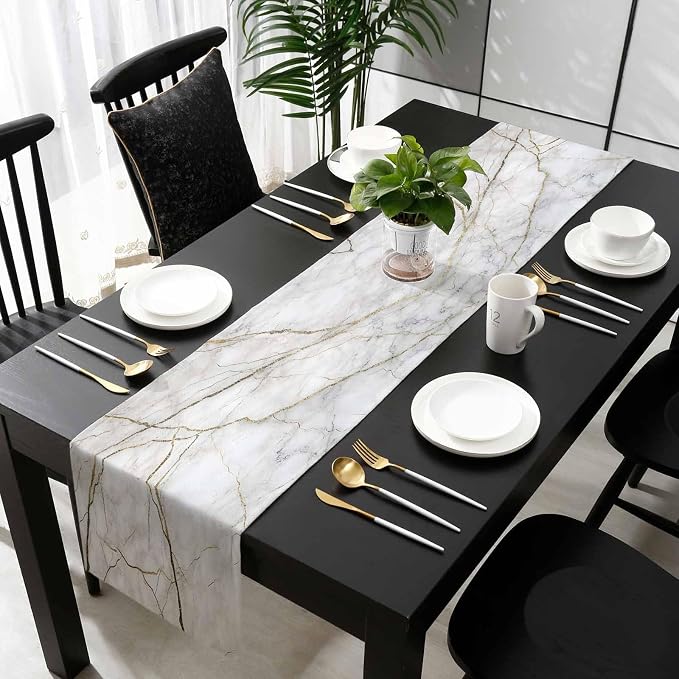 Marble Table Runner-Cotton Linen-Long 90 inche White Gray Gold Dresser Scarves - Image 5