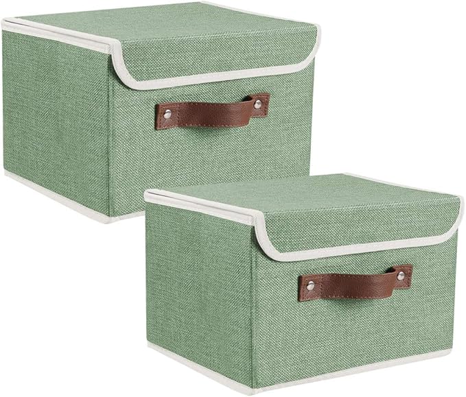 Lucky Monet Storage Bins Boxes with Lids 2 Pack Decorative Storage Boxes Collapsible Fabric Storage Basket Containers Lidded Storage Cube for Organizing Closet Home Office, 15"x 10"x 10" (Green)