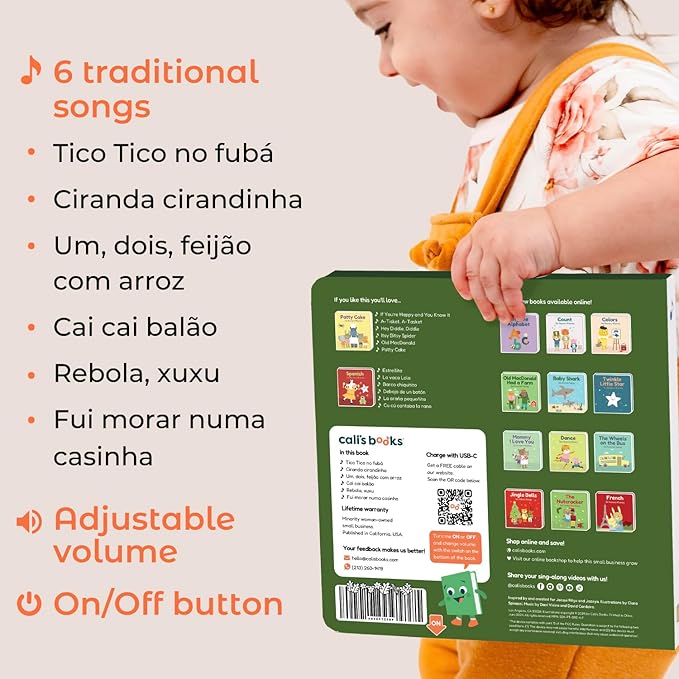 Cali's Books Brazilian Nursery Rhymes Book - Sound Books for Toddlers 1-3 Years Old - Interactive & Educational Music Toys for Bilingual Children with Lyrics & Translations - Musical Gifts for Kids