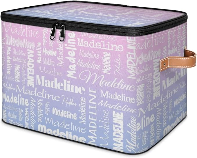 Custom Storage Basket with Name, Personalized Storage Bins with Zipper Lid, Foldable Fabric Storage Box Large capacity with Handle Pink Purple