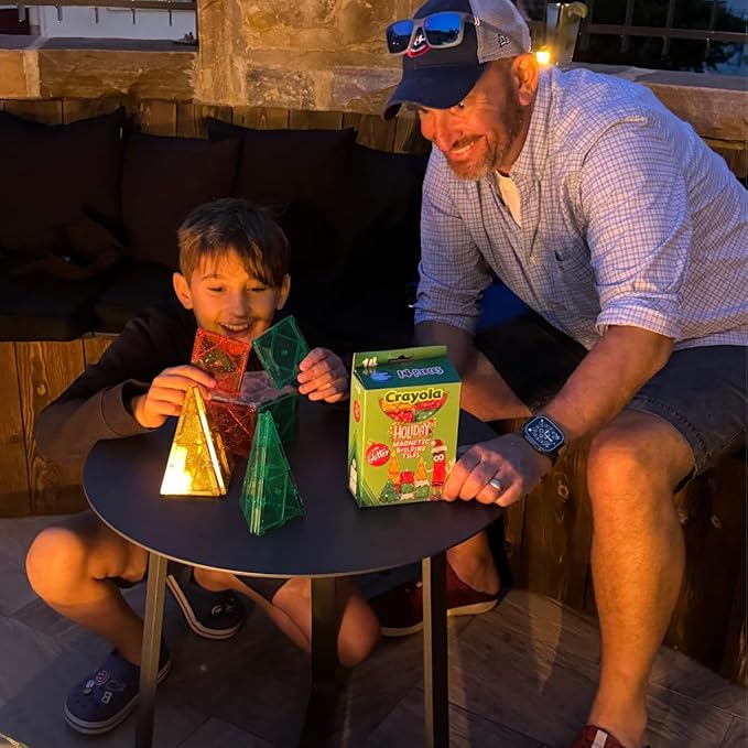 CreateOn Crayola Holiday Glitter Magnetic Tiles, Building Set for Kids, Magnetic Building Toys for Kids, STEM Travel Toys for Boys and Girls Ages 3+, 14-Piece Set (Holiday Glitter)