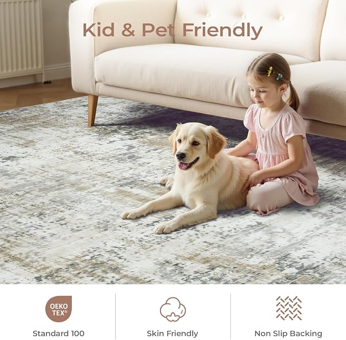 Area Rugs 9x12 Living Room, Large Soft Washable Abstract Neutral Bedroom Rug - Image 4