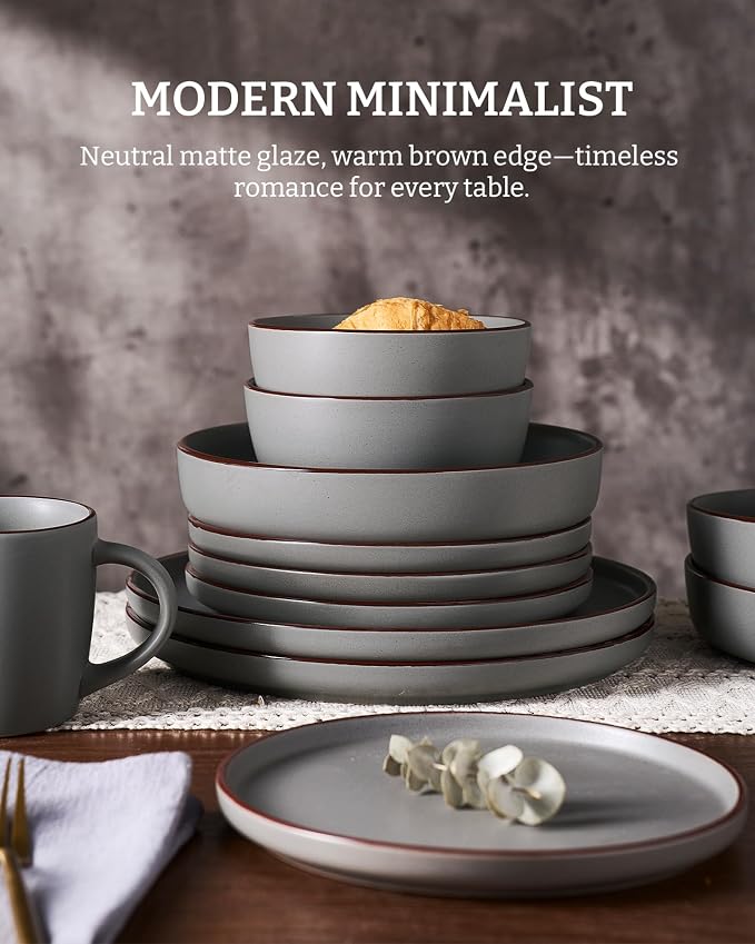 Famiware Mercury 18-Piece Stoneware Dinnerware Set, Dark Grey | Plates and Bowls - Image 3