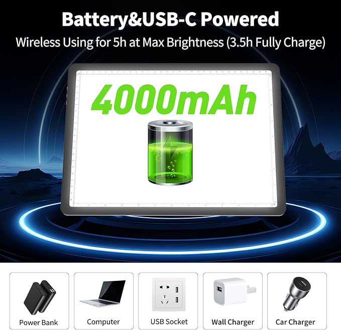 Phylosal Rechargeable A4 Light Pad with Carry Bag, Ultra-Thin Magnetic Tracing Light Box for Drawing, Diamond Art Painting Light Board with Side Button, Super Bright Light Table for Sketching (Black)