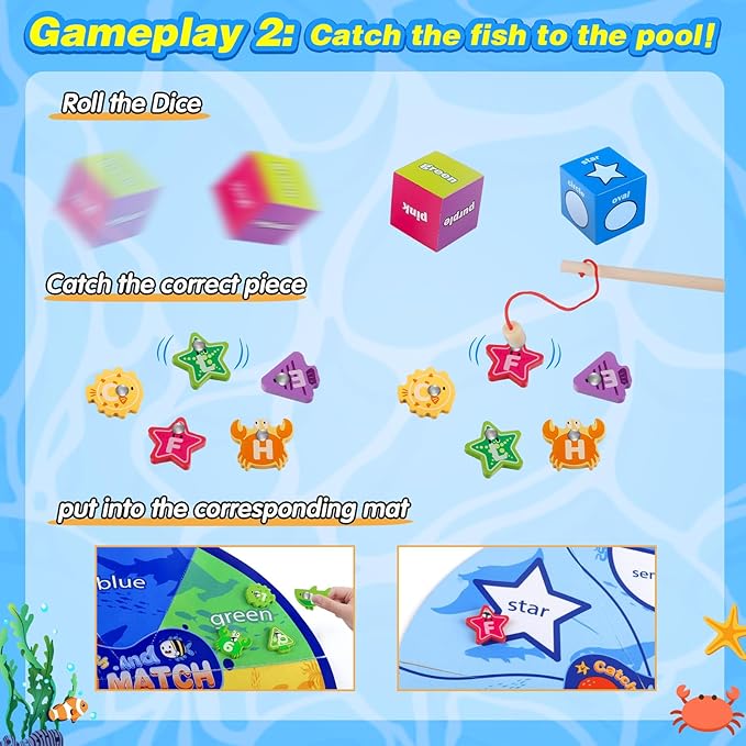 Wooden Montessori Toys for Toddlers 3-5, Magnetic Fishing Games, Color and Shape Sorting Sensory, Letter& Number Educational Toys for 3 4 5 6 Girls Boys Preschool Educational