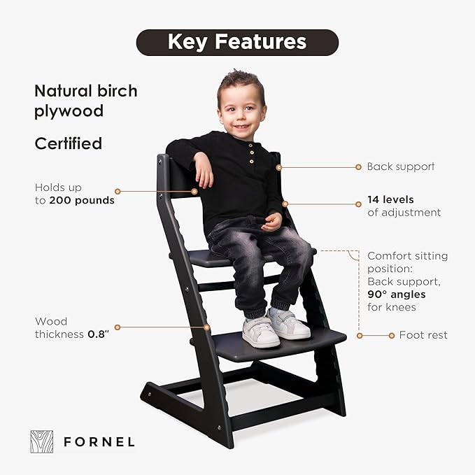 FORNEL Modern Black Wooden High Chair | The Adjustable Grow-with-Me Chair, A Sleek Alternative to Stokke | Perfect for Minimalist & Industrial Kitchens