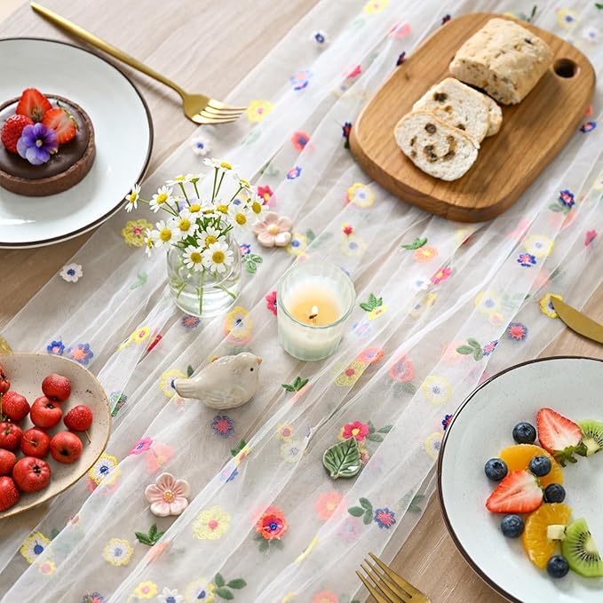 Artoid Mode Embroidery Daisy Gauze Table Runner 120 Inch 10FT | Seasonal Sheer - Image 3