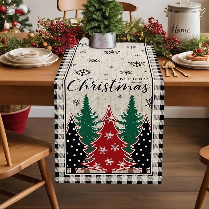 Christmas Trees Table Runner 70 Inches Long, Xmas Snowflake Retro Table Runners - Image 2