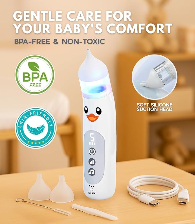 Nasal Aspirator for Baby Electric Nose Cleaner and Booger Sucker with LED Light and Music, Gentle Suction for Stuffy Nose, 5 Levels, USB-C Rechargeable, BPA-Free Silicone Tips, Easy to Clean
