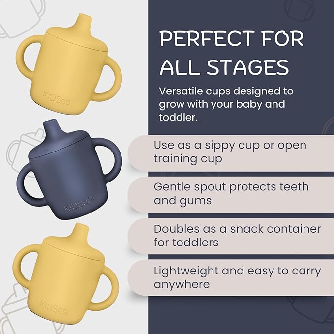 Silicone Sippy Cups with Easy Grip Transition Handles and a Soft Spout. A Non Toxic No Spill Unbreakable Training Cup 150ml/5oz |2-PACK Midnight Blue and Canary|