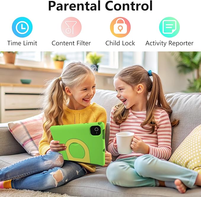 JREN Kids Table 10.1" ｜Android 14 Tablet for Kids｜64GB Storage｜Octa-Core｜WiFi ｜Cameras｜Parental Control｜Kids Content｜Case Included Great Gift for Children Ages 3-12 Years Old Green