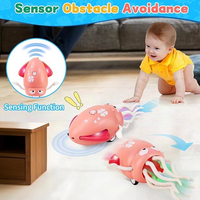 USB Rechargeable Dancing Octopus Baby Toy - Electric Crawling & Tummy Time Toy, Magical Musical Squid, Stress-Relief Desk Decor - Birthday for Kids Ages 1 2 3 4 5 6 Girls (Pink)