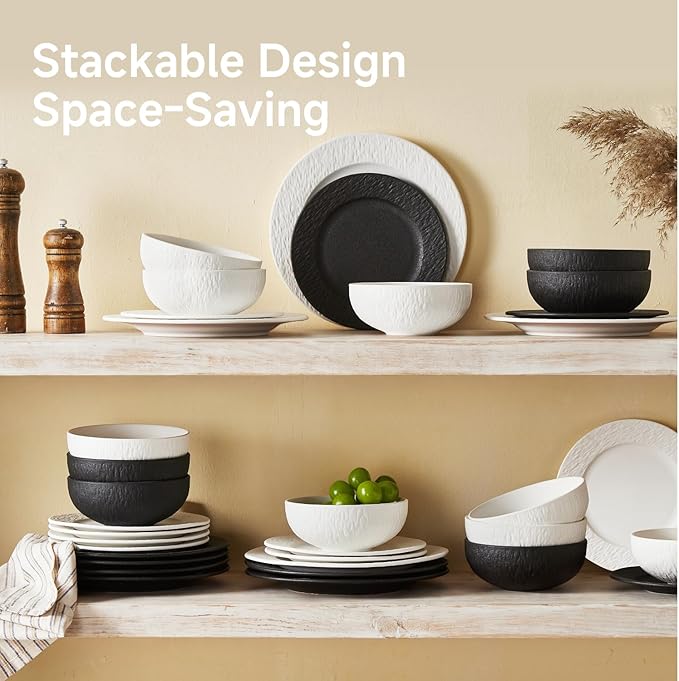 Black Dinnerware Sets, 12-Piece plates and bowls sets, Matte Marble | Premium - Image 6