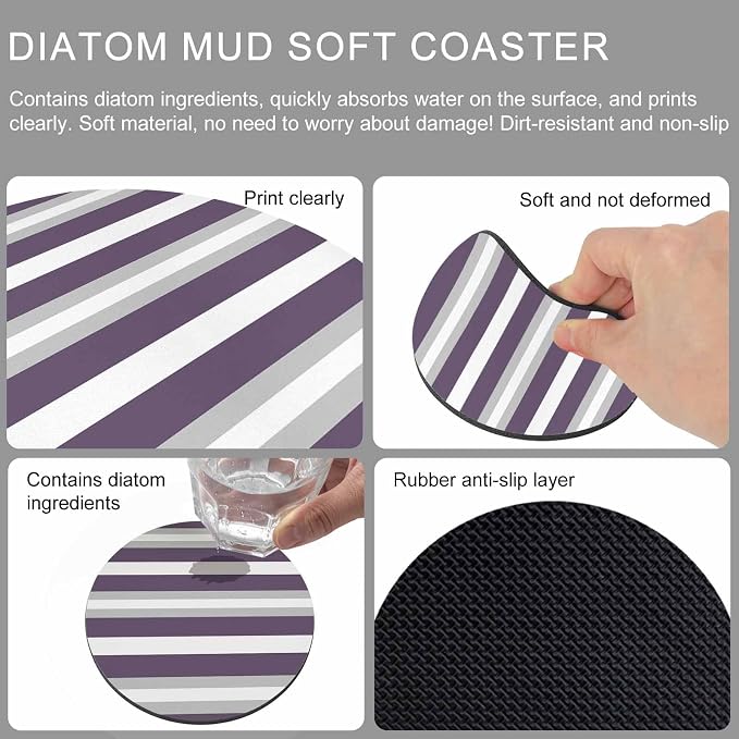 Purple Grey Stripe Coasters Set of 4, Minimalist Farmhouse Striped Soft - Image 9