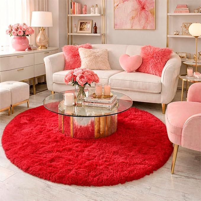 Amdrebio Red Round Rug 5Ft for Boys Bedroom, Fluffy Fuzzy Circle Area Rugs for - Image 3