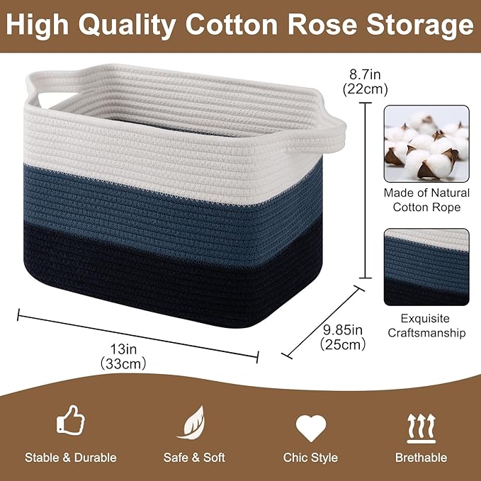 Storage Basket for Organizing, Woven Baskets for Storage, Rectangle Decorative Baskets for Shleves, Closet, Toys, Books, Nursery Organizer Bins - Pack of 3 (Gradient Blue)