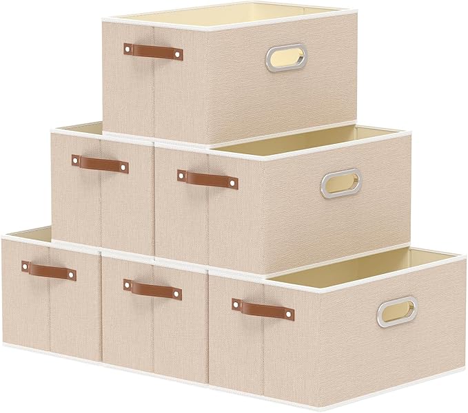 Yawinhe Foldable Storage Baskets for Shelves, Fabric Closet Organizers, Bins with 3 Handles, Cubes for Clothes, Beige, 15''Lx9.8''Wx8.3''H, 6-Pack