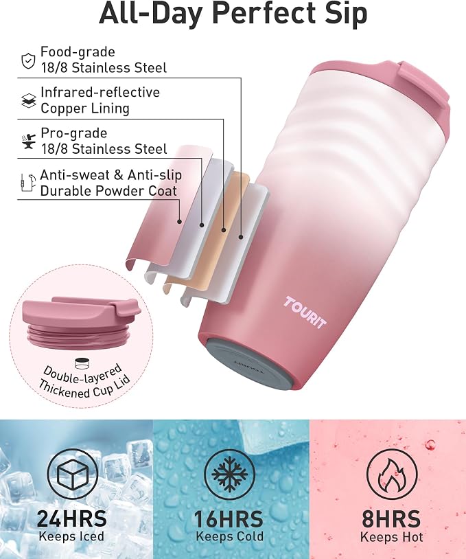 TOURIT 16 oz Insulated Travel Coffee Mug Stainless Steel Tumbler, Lilac | - Image 5
