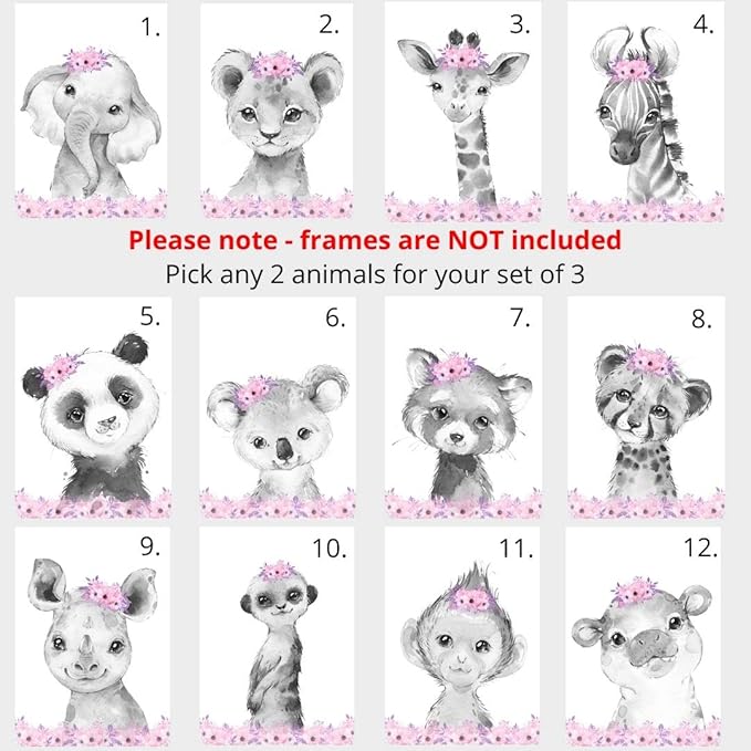Safari Animals Girls Nursery Bedroom Unframed Set of 3 Poster Prints, Personalized Name Pink or Purple Flowers Wall Art Decor New Baby Gift Present, Elephant Giraffe Panda Zebra Lion (11x14)