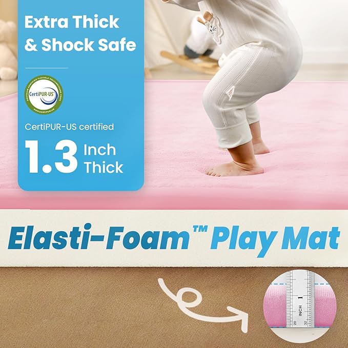 1.3" Thick Baby Play Mat for Floor, 79x79 Large Foam Tummy Time Mat, Padded Support Soft Plush Nursery Rug for Infant Kids Toddler Crawling Kick Activity (Pink)