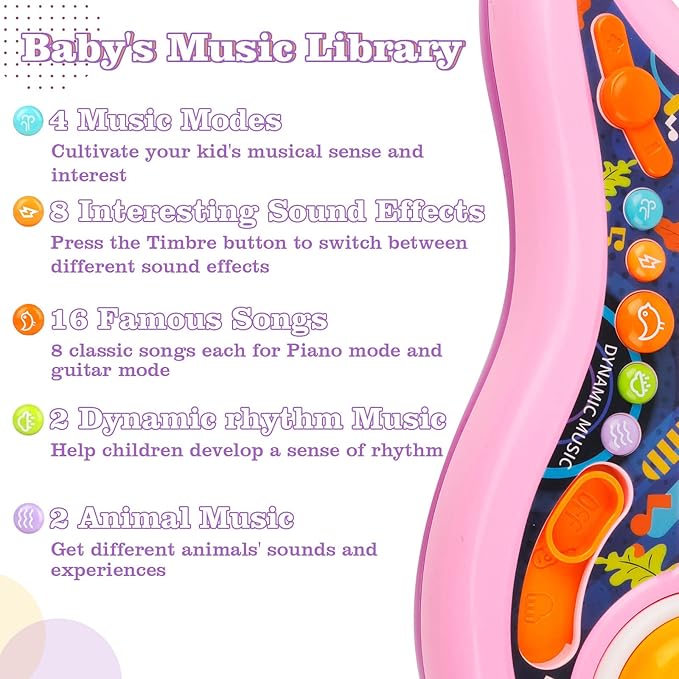 Kids Guitar, Electric Toddler Baby Music Toys for Ages 2-4 with Piano Mode Strap and Lights Child Musical Instruments Ideal for 2+ Year Old Girls Boys Birthday