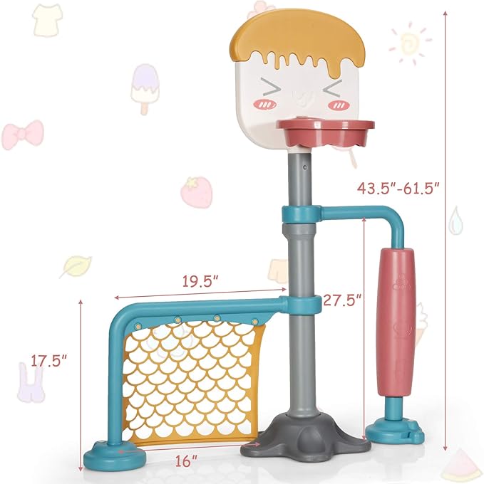 Costzon 3-in-1 Toddler Basketball Hoop & Soccer Goal Stand, Basketball Stand with Adjustable Height, Indoor & Outdoor Activity Center Basketball & Soccer for Kids