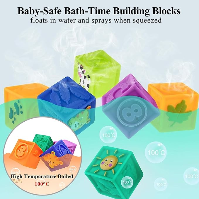 Kingtree Baby Blocks, 9PCS Soft Squeeze Building Blocks Stacking Toys for 6+ Months Babies, Baby Teething Chewing Educational Blocks Set with Numbers Animals Shapes Textures
