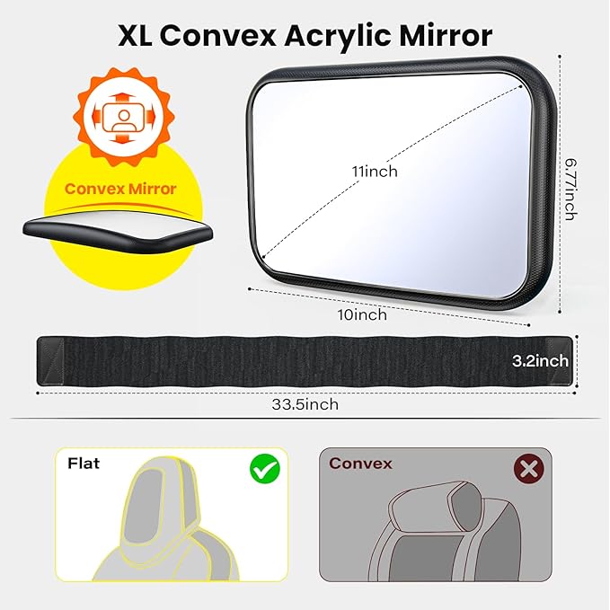 Fixed Headrest Car Mirror for Baby Rear Facing Fit Tesla Shatterproof Baby Mirror for Car Back Seat 360° Wide Clear View Never Shake Crash Tested Stable Velcro Strap Newborn Baby Essentials