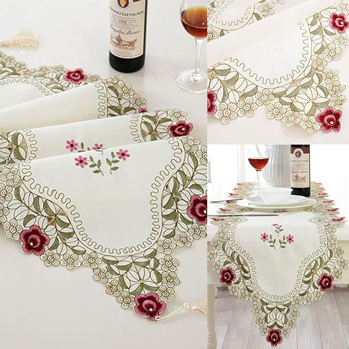 LeLehome 15" X 86" Classic Table Runner, Flowers Embroidery Lace Beige Floral - Image 4