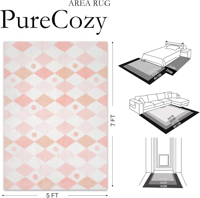 PureCozy Checkered Rug 5x7 Fluffy Shag Living Room Pink Area Rug Modern - Image 2