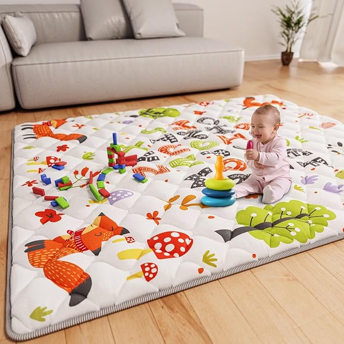 Baby Play Mat 71" X 59" Playpen Mat Upgraded Thicken Baby Floor Play Mat Non-Slip Cushioned Crawling Mat Waterproof Activity Playmats for Babies Toddlers Infants (71X59, Letter Fox)