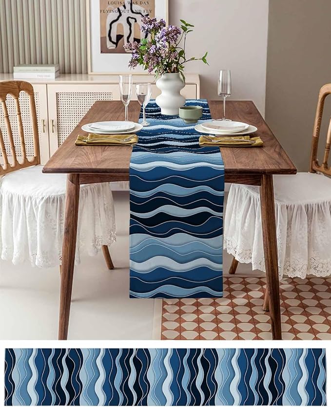 Abstract Blue Moire Table Runners 120 Inches Long, Cotton Linen Fabric Table - Image 6