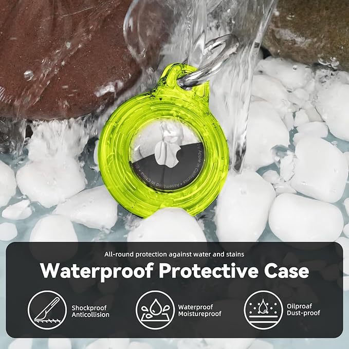Upgrade Waterproof 4 Pack Airtags Holder with Apple Airtags Keychain, Hard PC Clear Air Tag Case, Anti-Scratch & Shock Air tag Holder, Men's Women's Keyrings & Keychains-Black+Chartreuse+Green+Blue