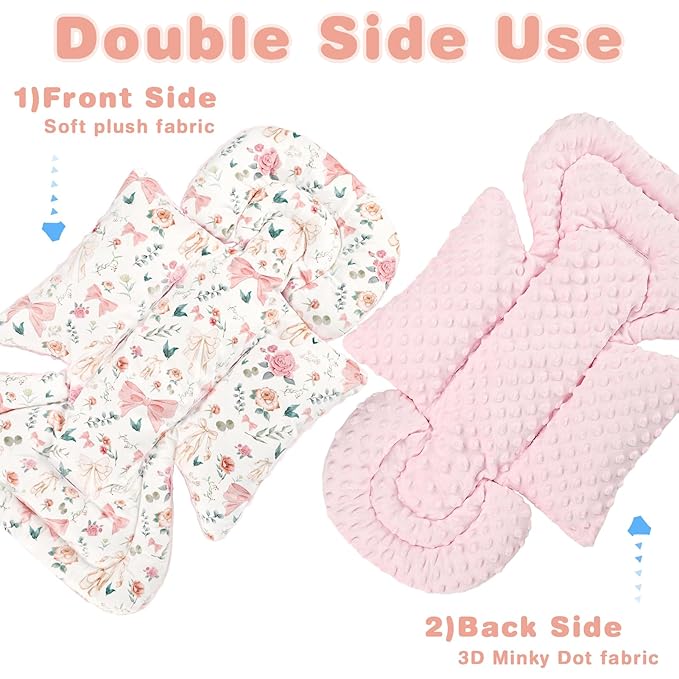 3-in-1 Infant Car Seat Insert, Soft Head and Body Support,Ultra & Strap Covers Set, Reversible Newborn Car Seat Cushion Pad for Baby Boy & Girl fits Stroller, Swing, Bouncer (Pink Bow)