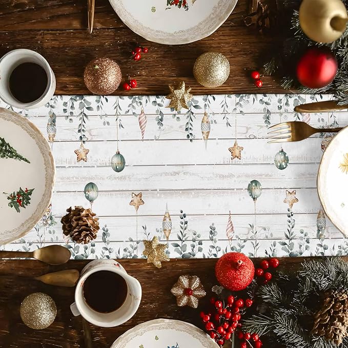 Christmas Snowman Table Runner 90 Inches Long, Xmas Trees Eucalyptus Leaves - Image 4