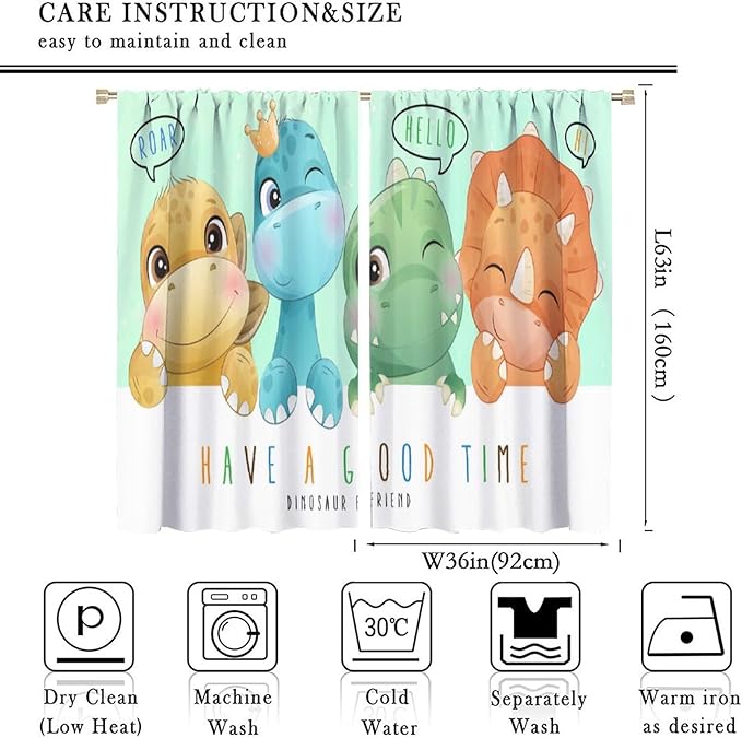 Kids Dinosaur Curtains for Boys Girls Bedroom Decor Cartoon Dino Colorful Cute Funny Animal Printed Blackout Rod Pocket Window Drapes for Baby Nursery Playroom Living Room W36xL63in 2 Panels