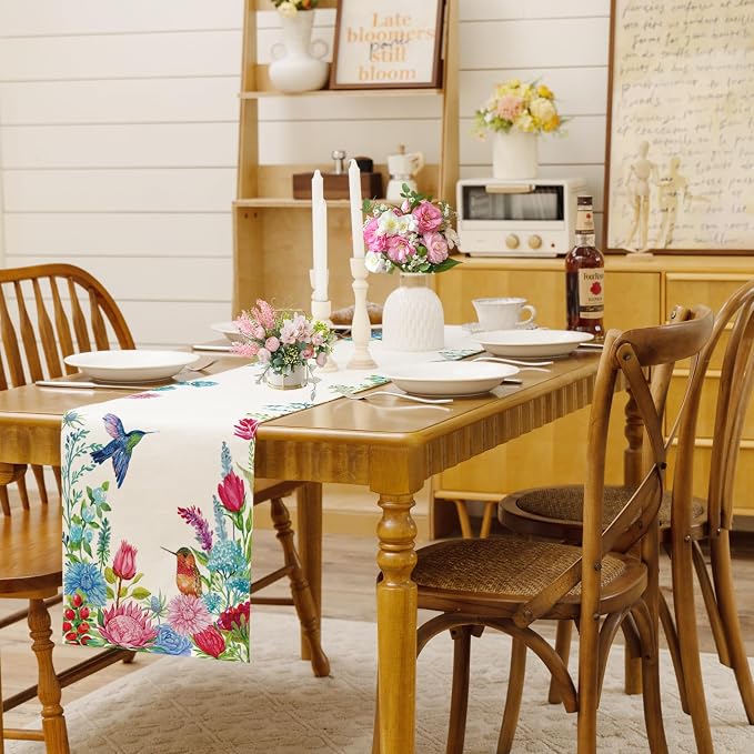 Summer Floral Hummingbird Table Runner Green Leaves Burlap Table Runners - Image 3