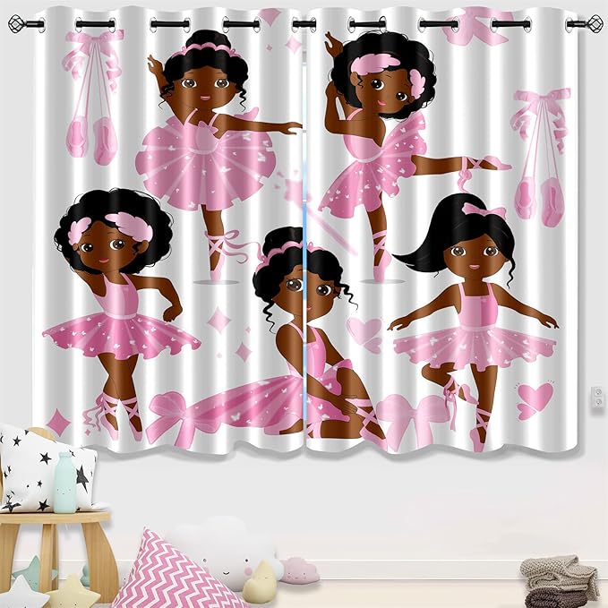 Black Girl Blackout Curtains 2 Panels 63" Inch Drapes for Kids Nursery Bedroom Kids Blackout Curtains Cute Girls Themed Grommet Top Thermal Insulated Curtains for Nursery, 82" x 63"
