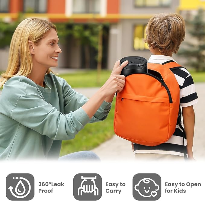 14oz Insulated Vacuum Food Jar with Buckle Lid,Soup Thermo for Hot Food Kids,Wide Mouth Leakproof Stainless Steel Lunch Container with Spoon-Black