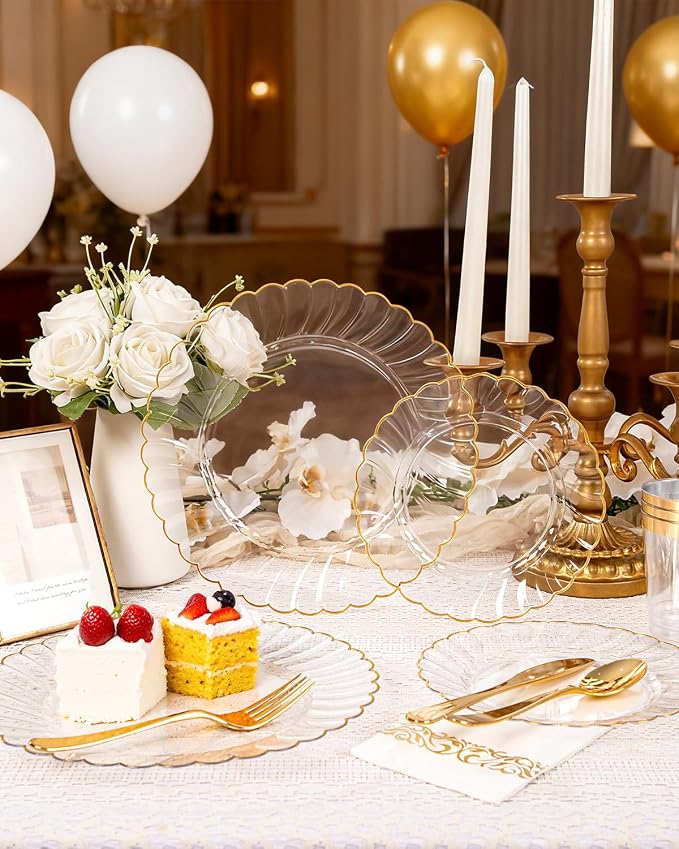 YOUBET 175PCS Clear and Gold Scalloped Plastic Plates - Image 5
