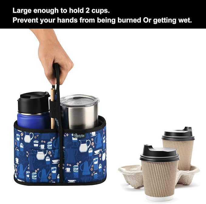 Beautyflier Drink Carrier with Handle for Delivery Reusable Insulated Coffee Cup Carrier Portable Cup Holder with Handle Organizer Tote Bag for Hot & Cold Drinks (2 Cup, Pattern2)