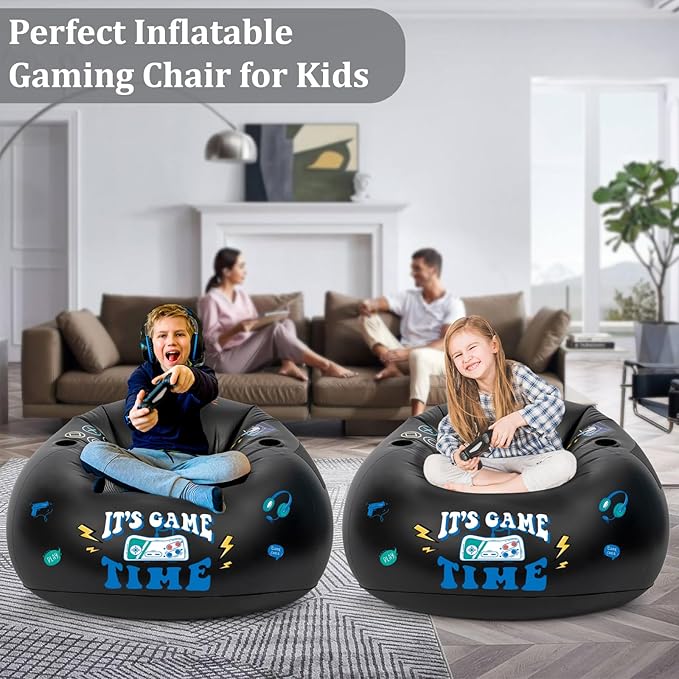 Inflatable Gaming Chair for Kids, Floor Bean Bag Chair for Teens - Boys Room Furniture with Cup Holder and Side Pocket, Inflatable Gaming Couch for Boys Room, Cool Kids Blow Up Couch Decor for Teens