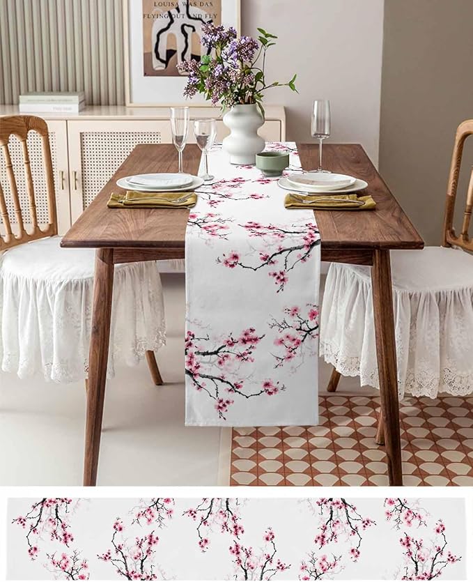 Pink Cherry Flowers Table Runners 90 Inches Long, Cotton Linen Fabric Table - Image 6