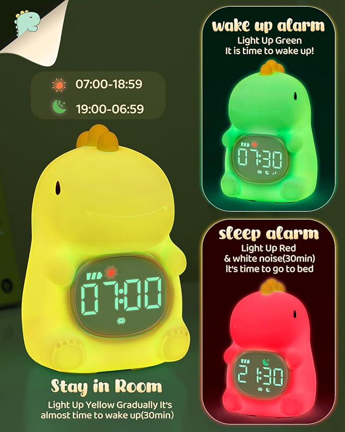 Dinosaus Alarm Clock for Kids with Night Light, Sleep Training Clock Time to Wake Clock, Rechargeable Silicone Light for Bedroom, Perfect Sleep Companion for Boys Girls